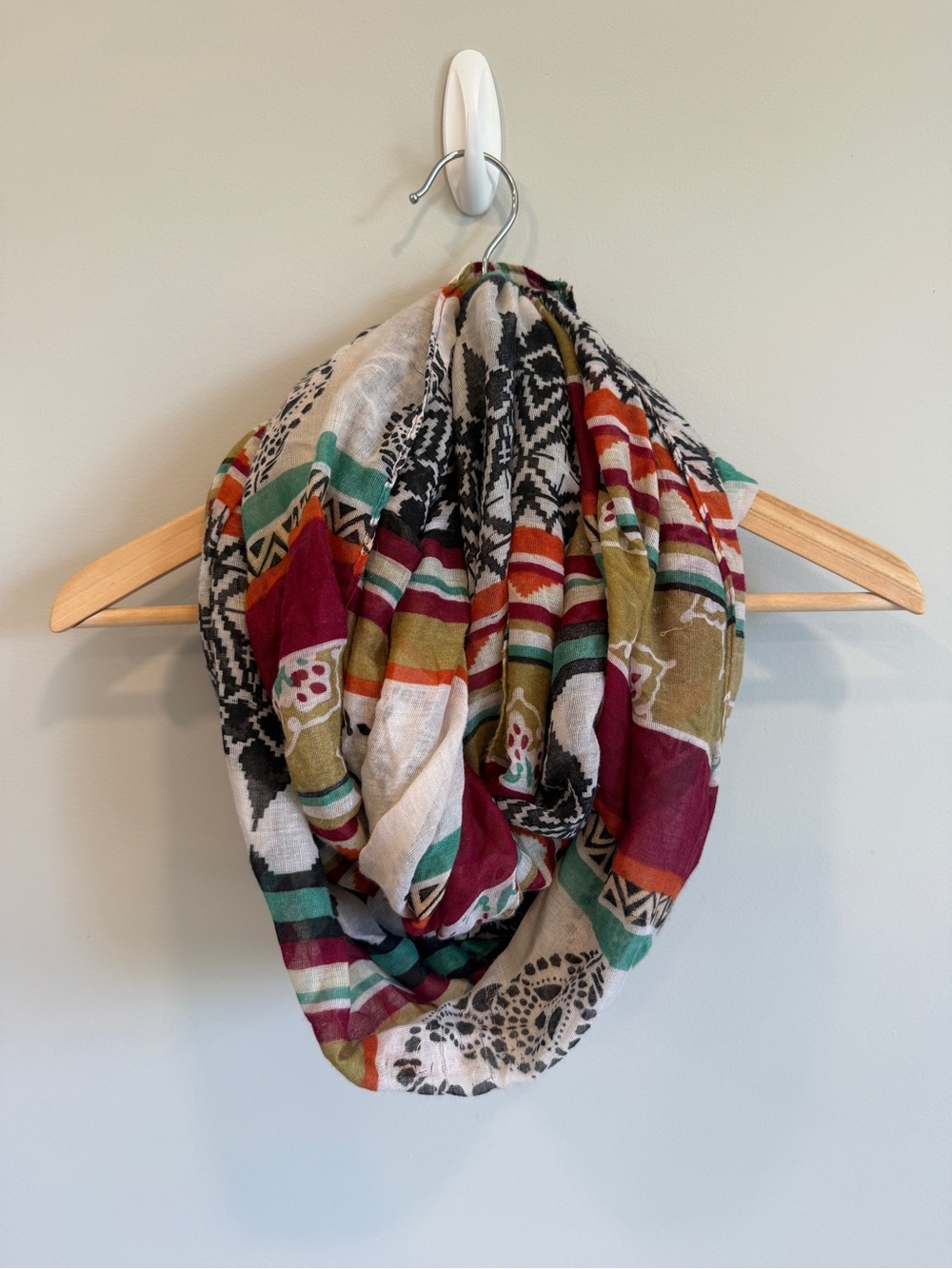 Patterned Multicolor Infinity Scarf in Burgundy, Teal & Olive